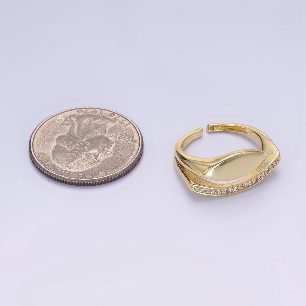 14K Gold plated Sphere Micro Paved CZ Double Band Signet Ring | O1348 - DLUXCA