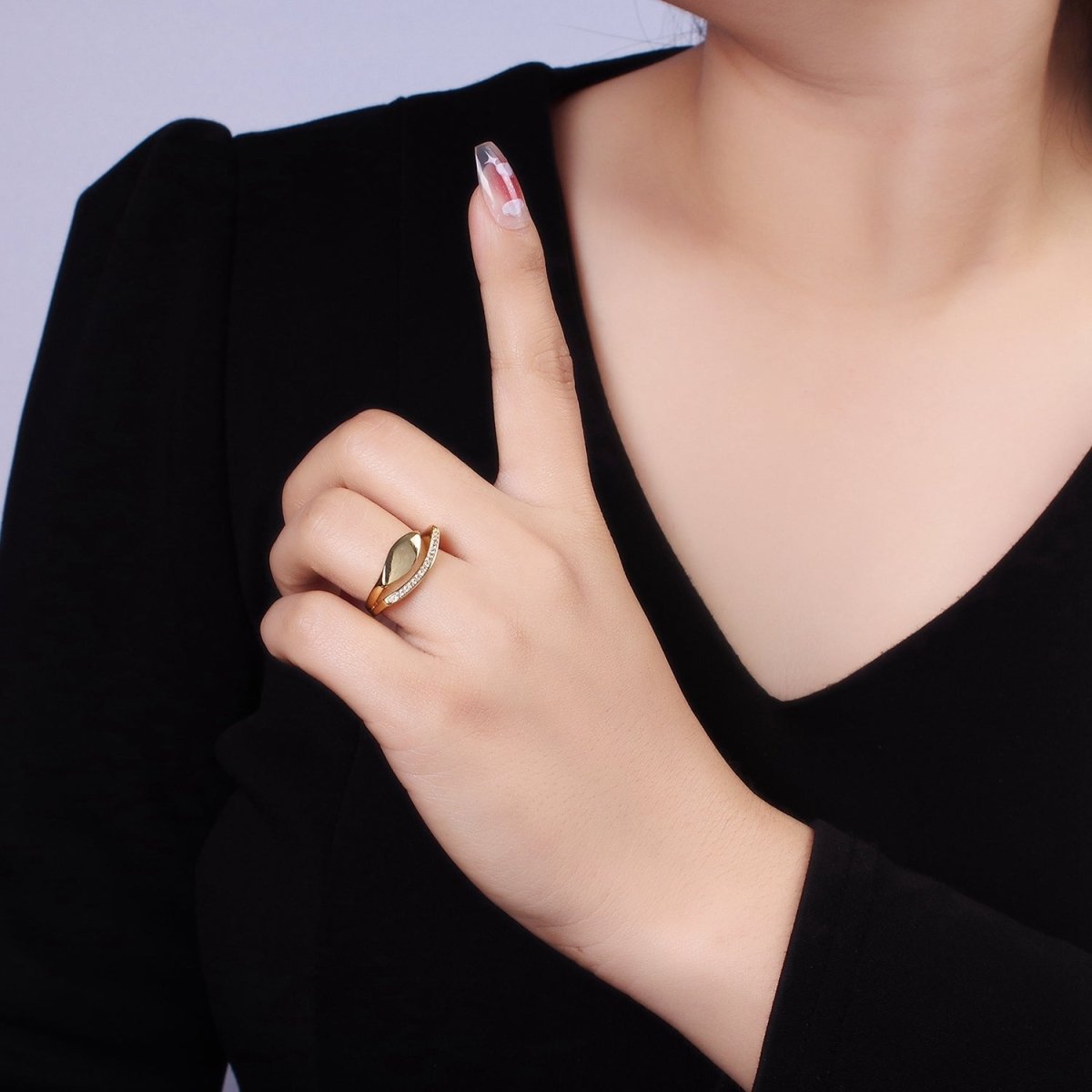 14K Gold plated Sphere Micro Paved CZ Double Band Signet Ring | O1348 - DLUXCA