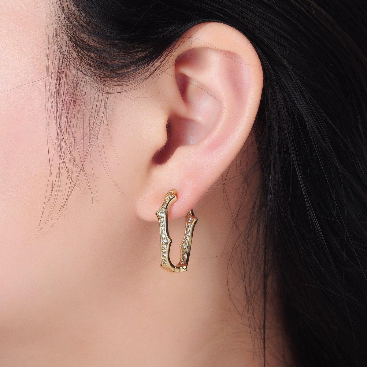14K Gold plated Spiked Front - Facing CZ Oblong Hoop Earrings | V495 - DLUXCA