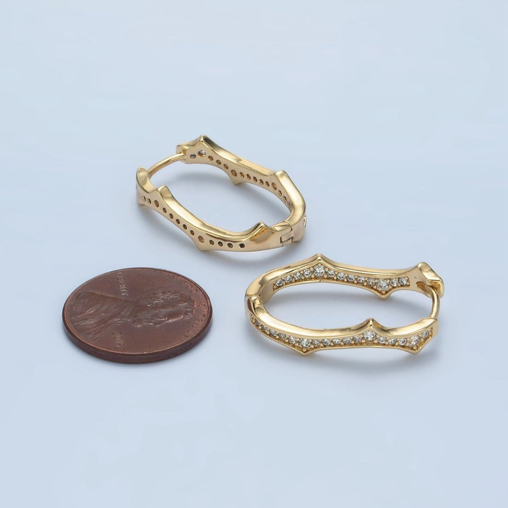 14K Gold plated Spiked Front - Facing CZ Oblong Hoop Earrings | V495 - DLUXCA