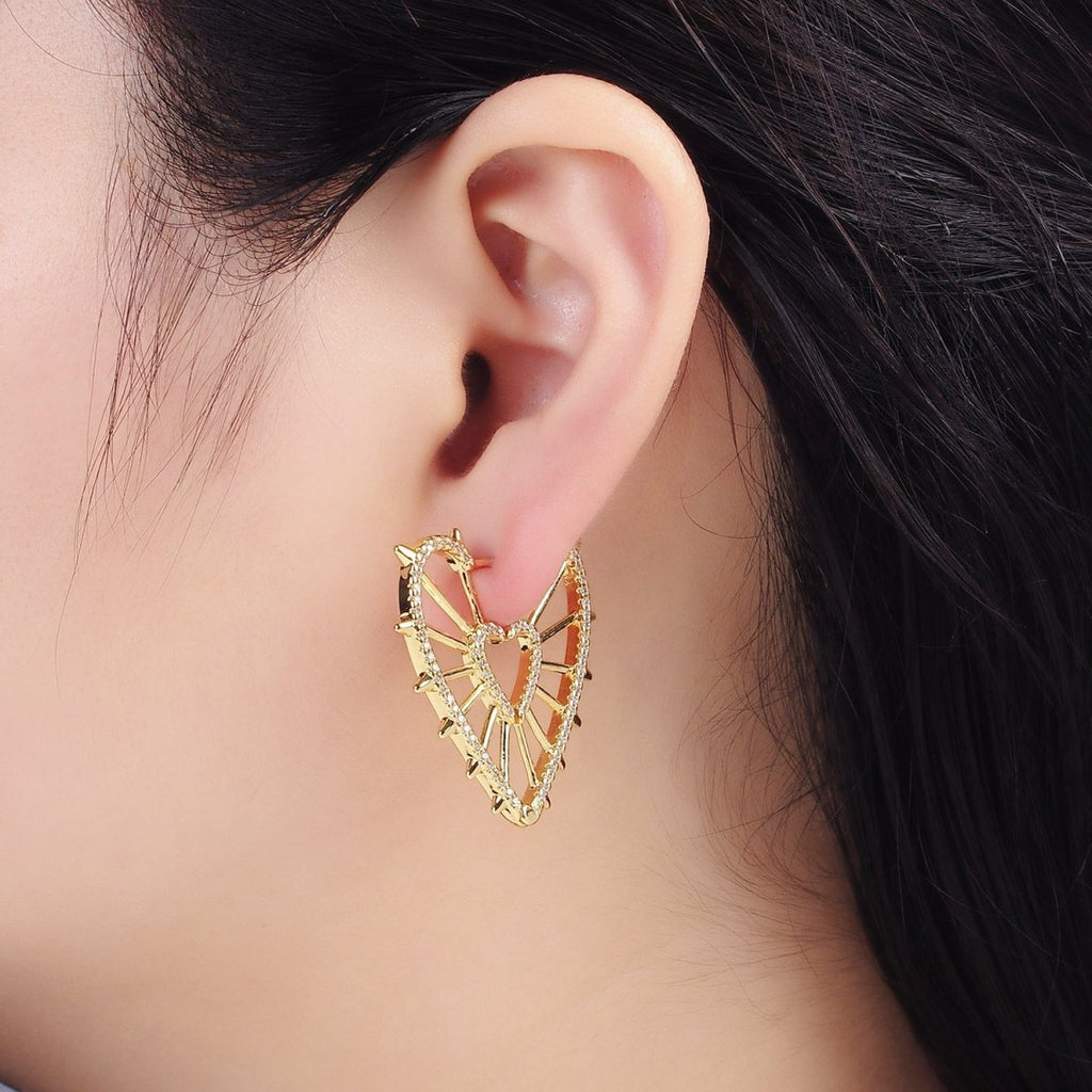 14K Gold plated Spiked Heart Micro Paved CZ Hoops Earrings | Q066 - DLUXCA