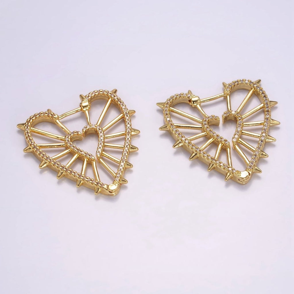 14K Gold plated Spiked Heart Micro Paved CZ Hoops Earrings | Q066 - DLUXCA