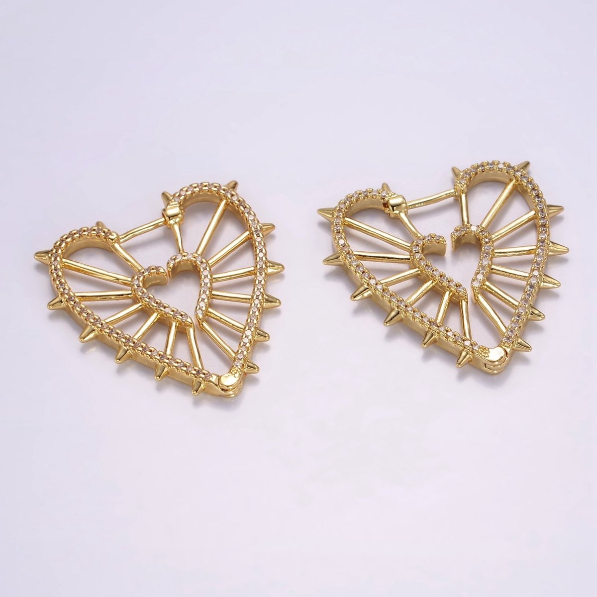 14K Gold plated Spiked Heart Micro Paved CZ Hoops Earrings | Q066 - DLUXCA