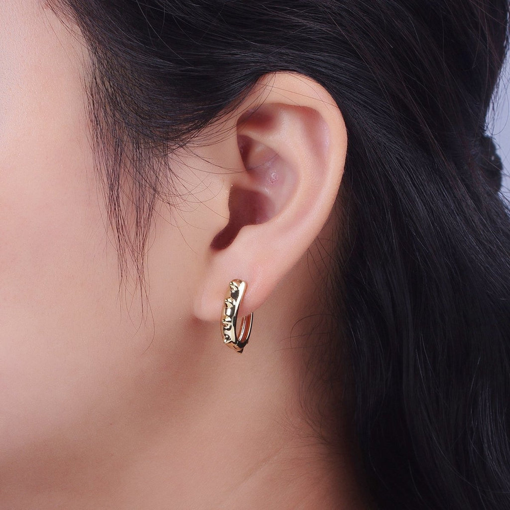 14K Gold plated Spiked Lined Oblong U-Shaped 17mm Huggie Earrings | V-025 - DLUXCA