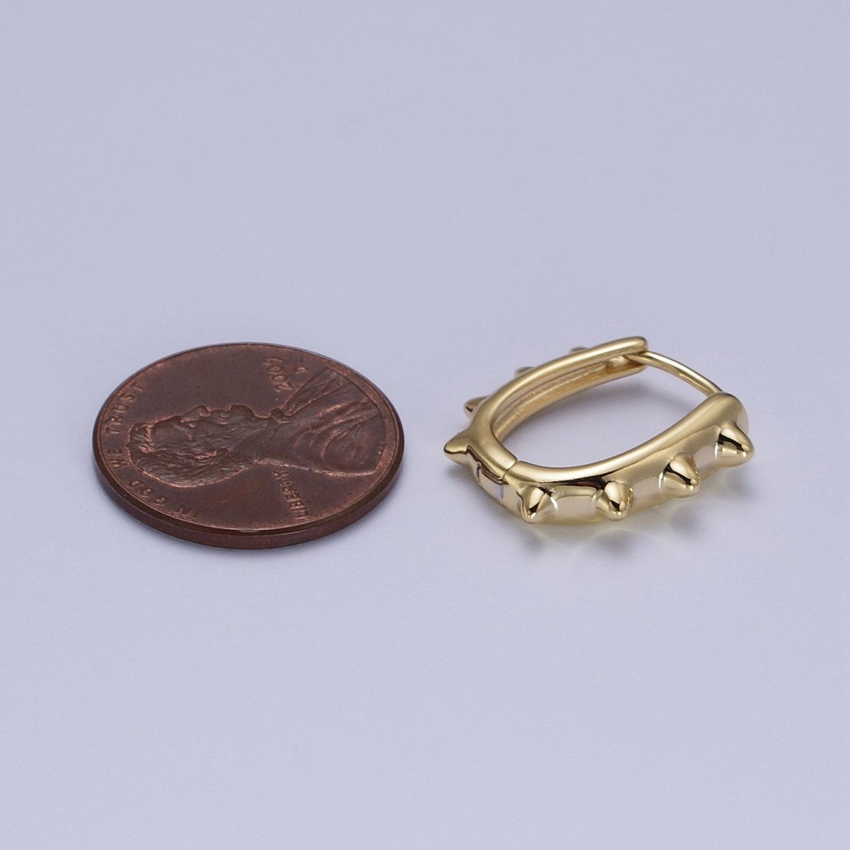 14K Gold plated Spiked Lined Oblong U-Shaped 17mm Huggie Earrings | V-025 - DLUXCA