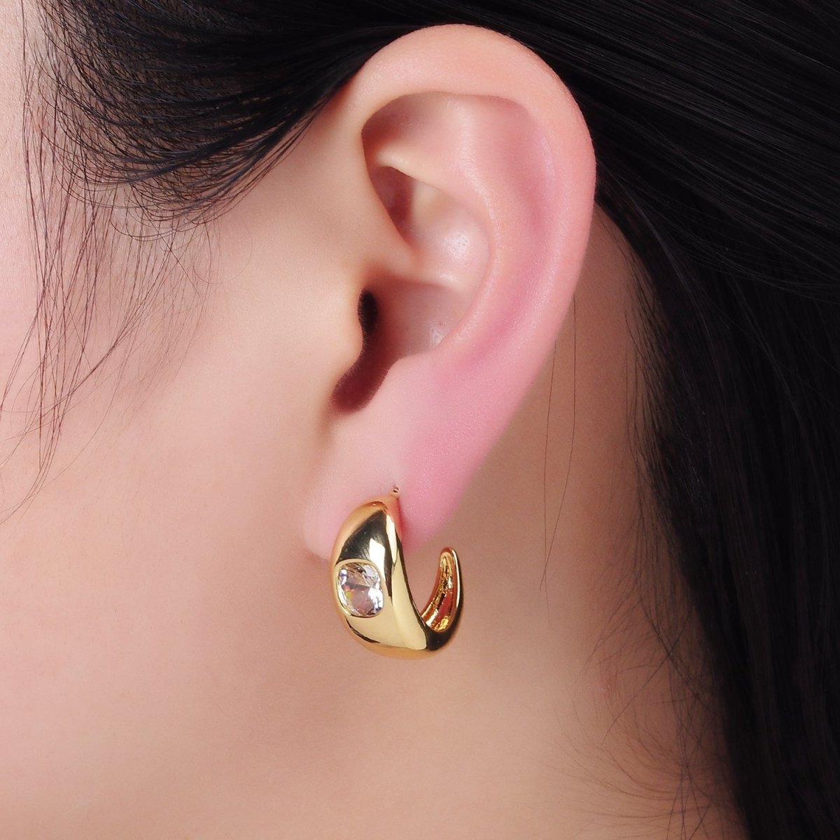 14K Gold plated Square CZ Chubby C-Shaped Hoop Earrings | AB1402 - DLUXCA