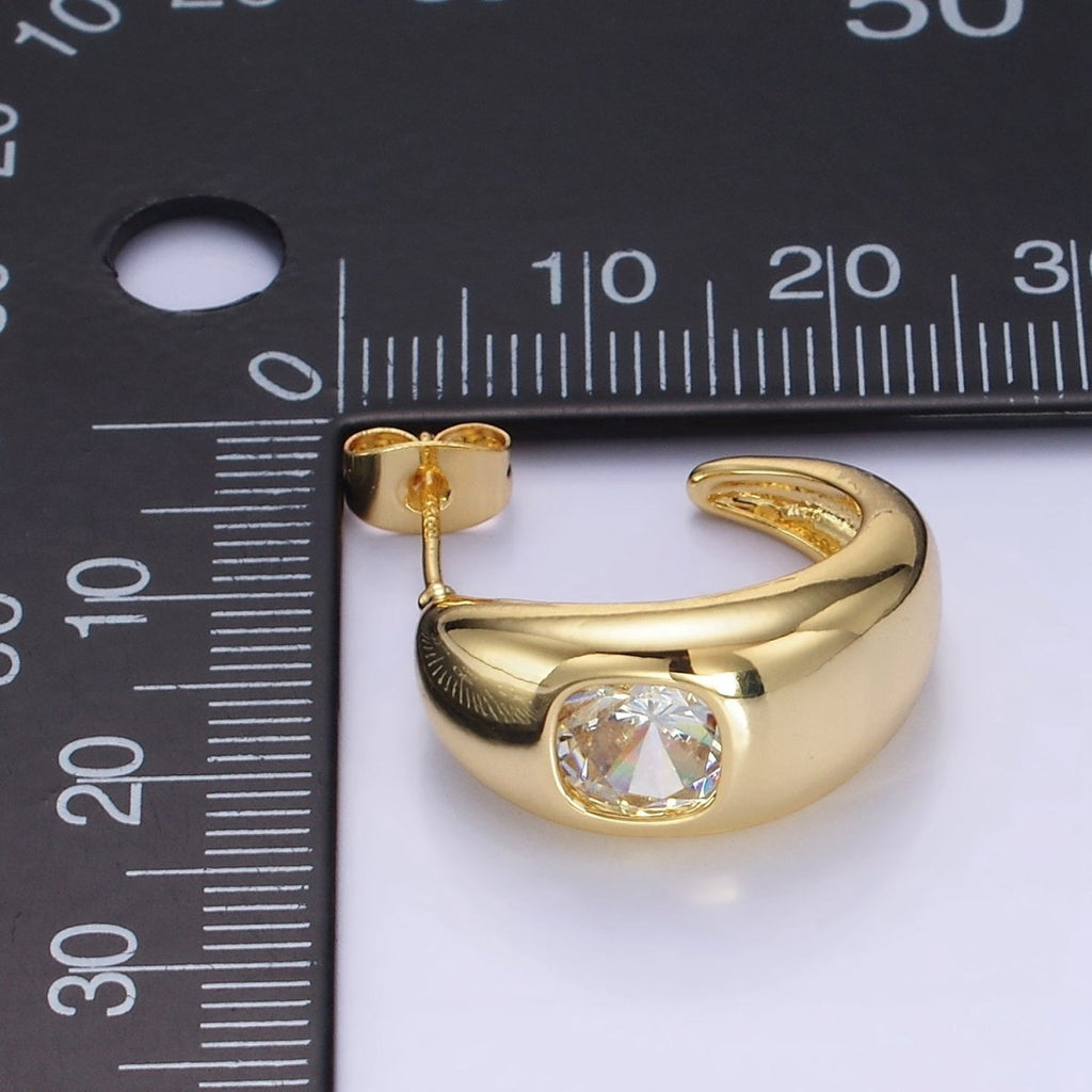 14K Gold plated Square CZ Chubby C-Shaped Hoop Earrings | AB1402 - DLUXCA