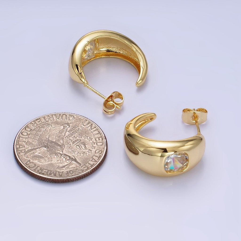 14K Gold plated Square CZ Chubby C-Shaped Hoop Earrings | AB1402 - DLUXCA