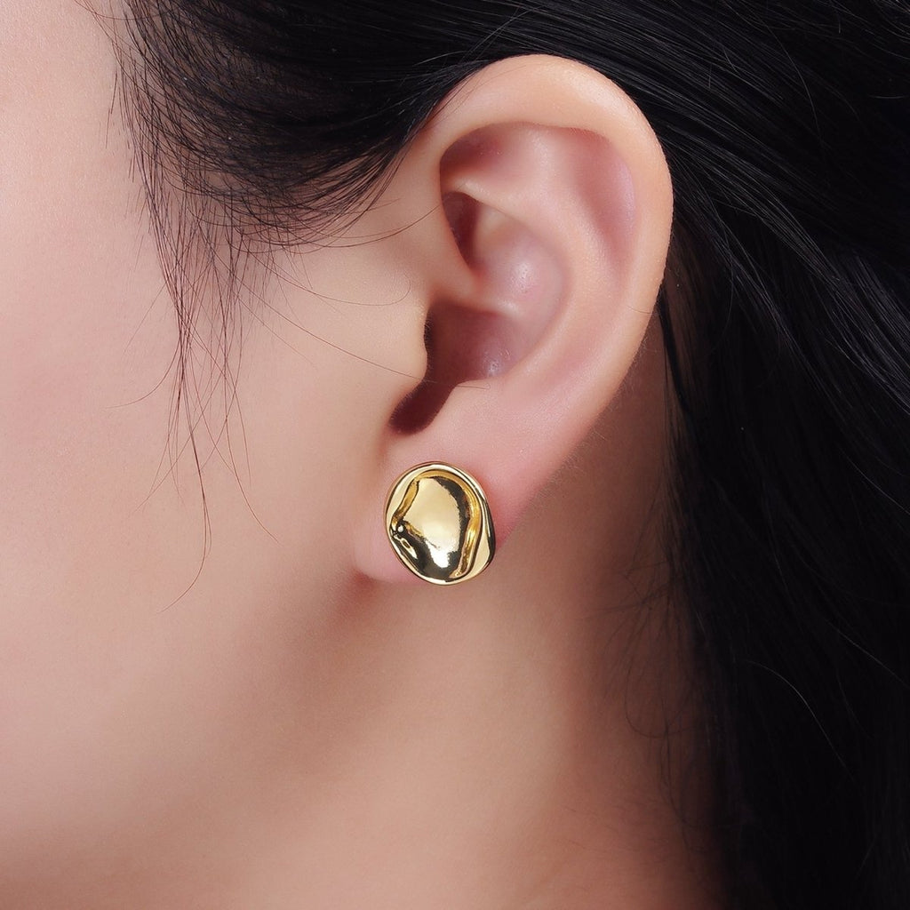 14K Gold plated Stamped Dome Molten Round Stud Earrings | AE941 - DLUXCA