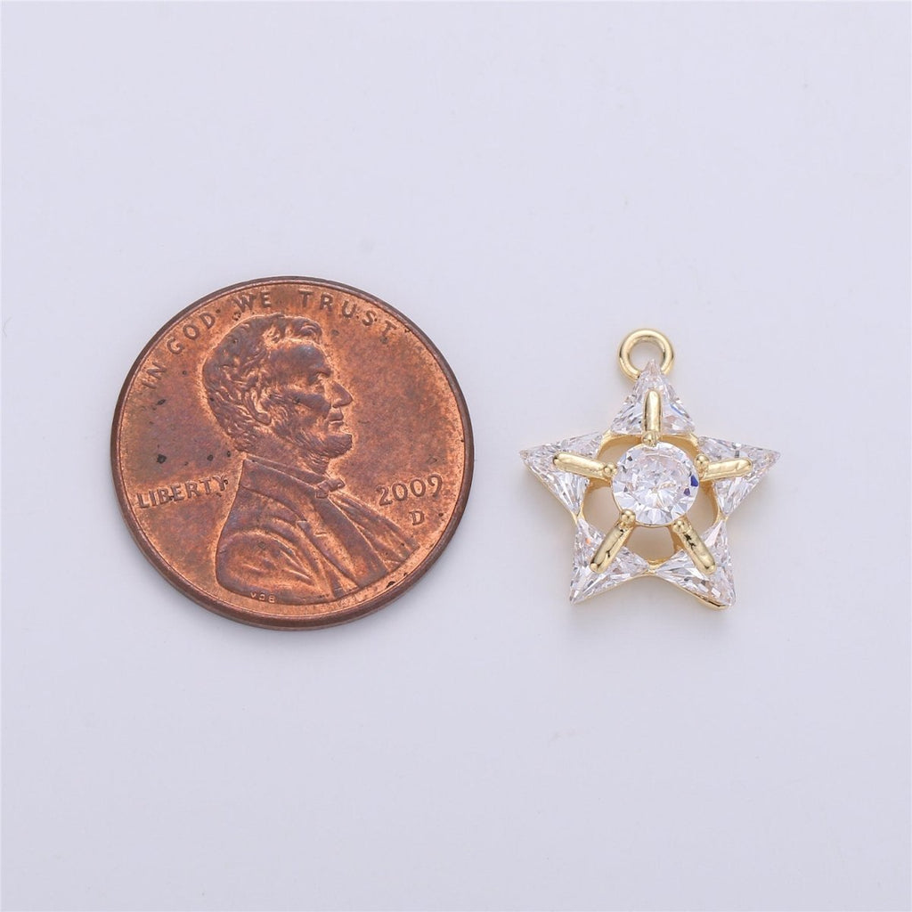 14k Gold plated Star Charms, Dainty Solitaire CZ Star Pendant for Necklace Bracelet Earring Jewelry Making Supply 16x14mm E-499 - DLUXCA