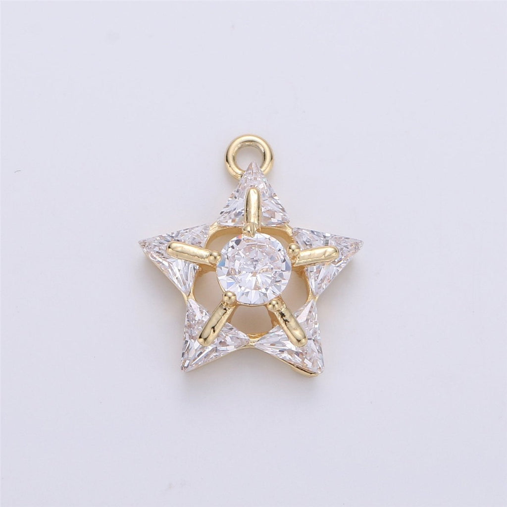 14k Gold plated Star Charms, Dainty Solitaire CZ Star Pendant for Necklace Bracelet Earring Jewelry Making Supply 16x14mm E-499 - DLUXCA