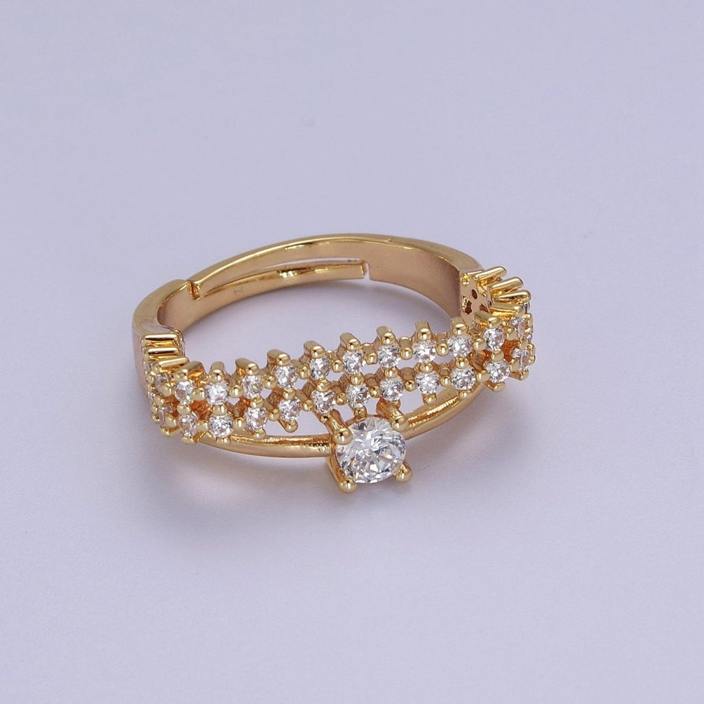 14k Gold plated Statement Ring, CZ Micro Pave Ring, Everyday Ring, Open Adjustable Ring S-536 - DLUXCA