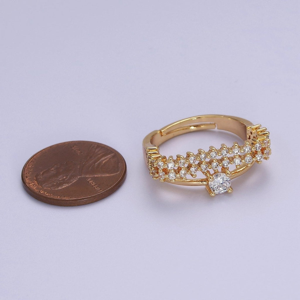 14k Gold plated Statement Ring, CZ Micro Pave Ring, Everyday Ring, Open Adjustable Ring S-536 - DLUXCA