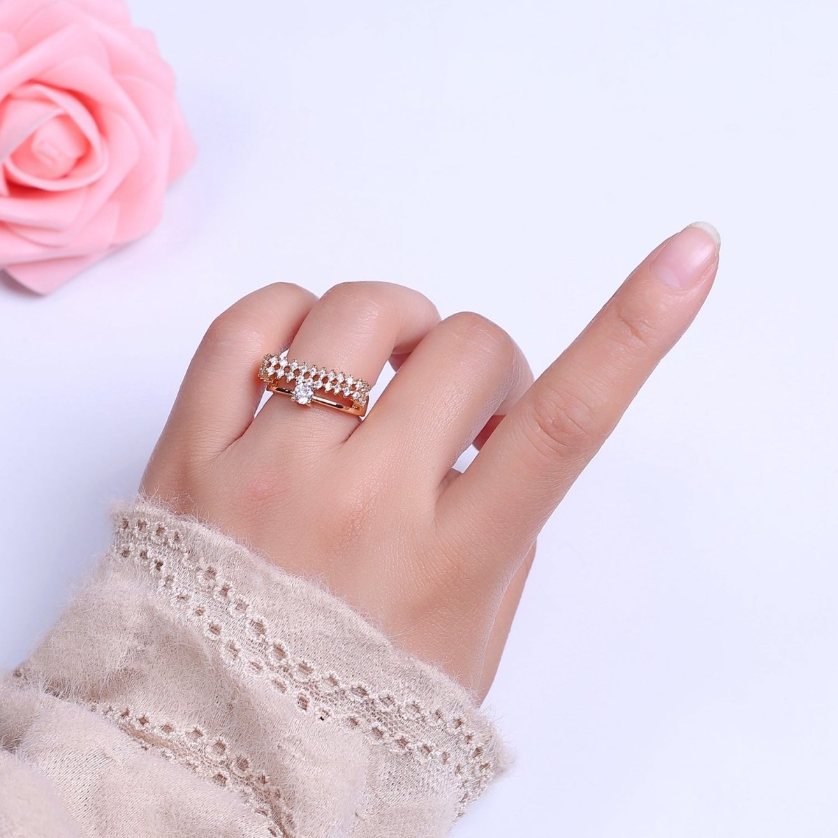 14k Gold plated Statement Ring, CZ Micro Pave Ring, Everyday Ring, Open Adjustable Ring S-536 - DLUXCA