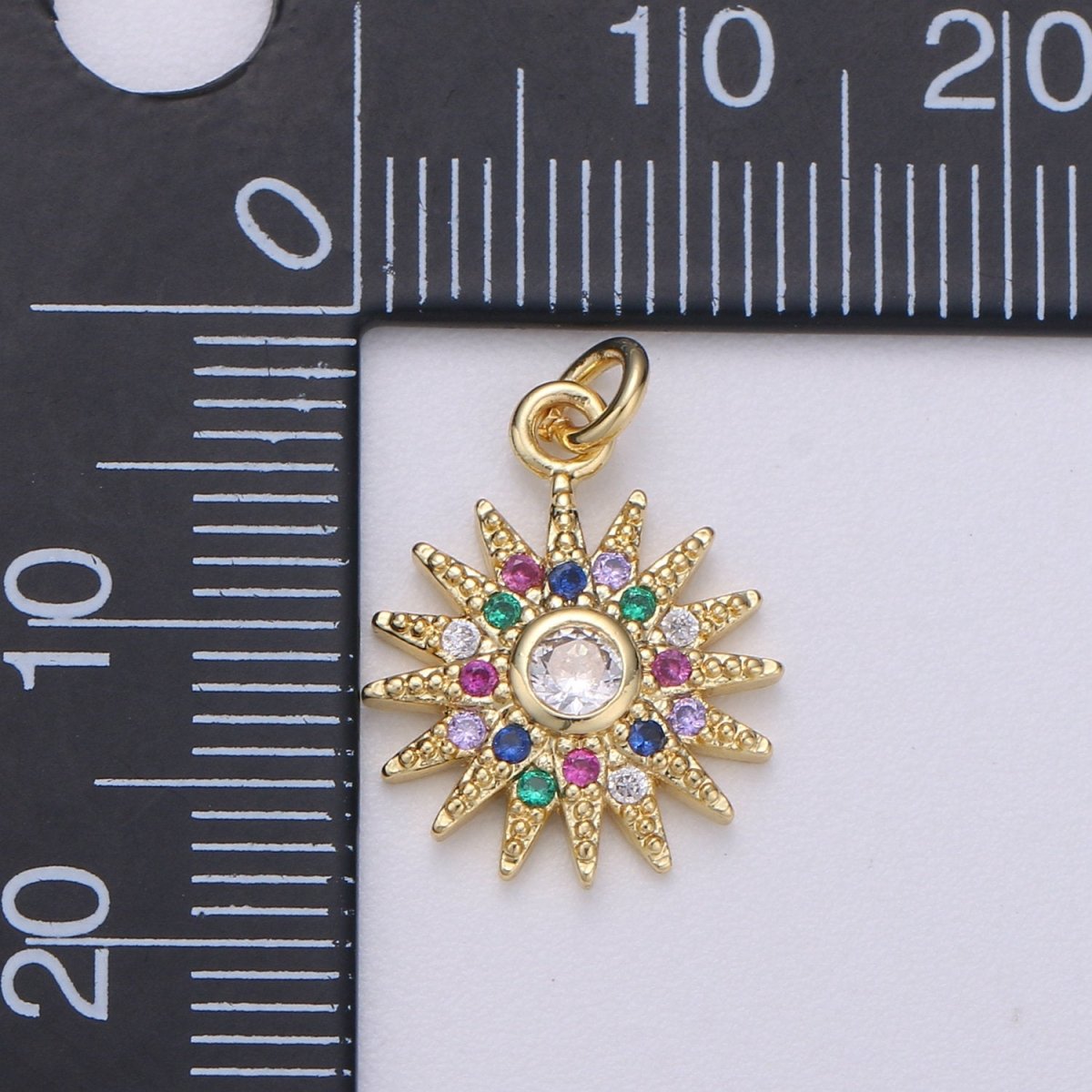 14k Gold plated Sun Charm Micro Pave Sun Burst Charm, Rainbow Cubic Charms, CZ Gold Celestial Charm, Dainty Minimalist Jewelry SupplyC-471 - DLUXCA