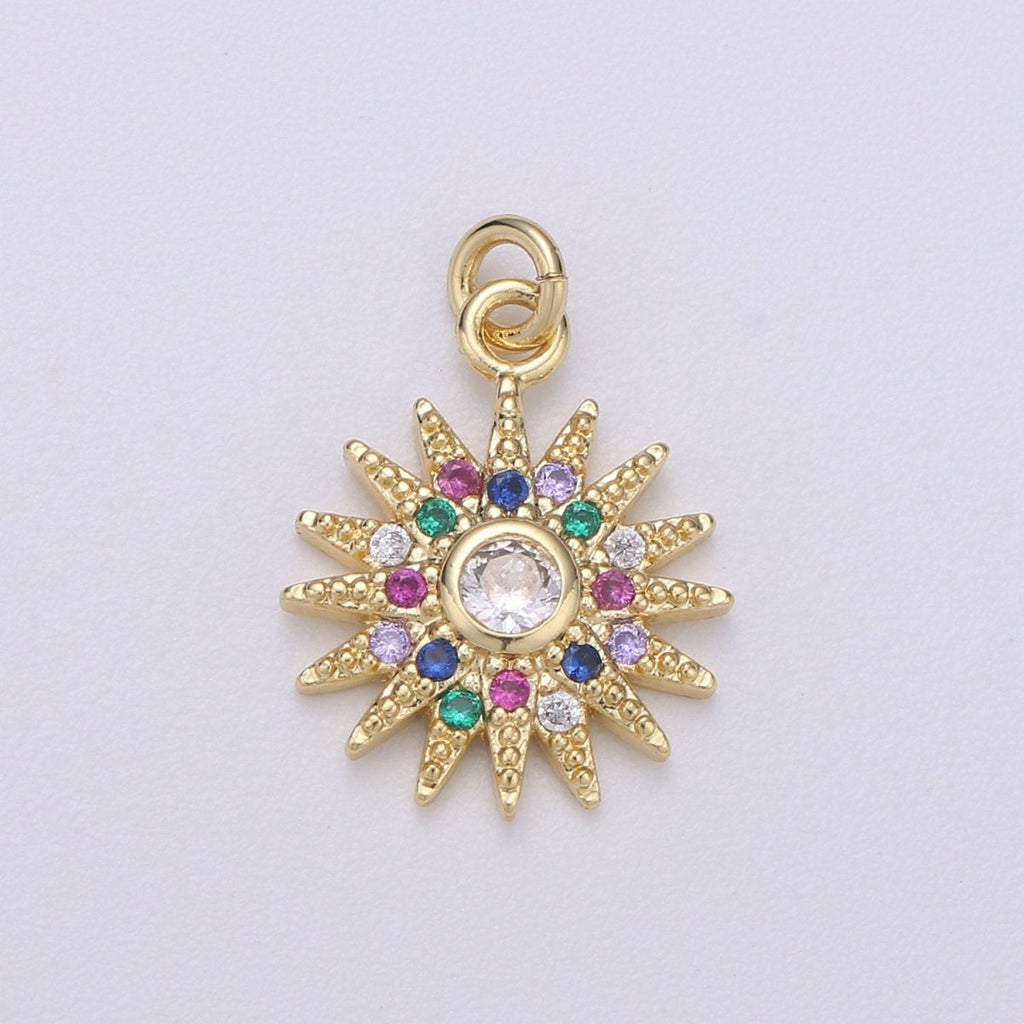 14k Gold plated Sun Charm Micro Pave Sun Burst Charm, Rainbow Cubic Charms, CZ Gold Celestial Charm, Dainty Minimalist Jewelry SupplyC-471 - DLUXCA