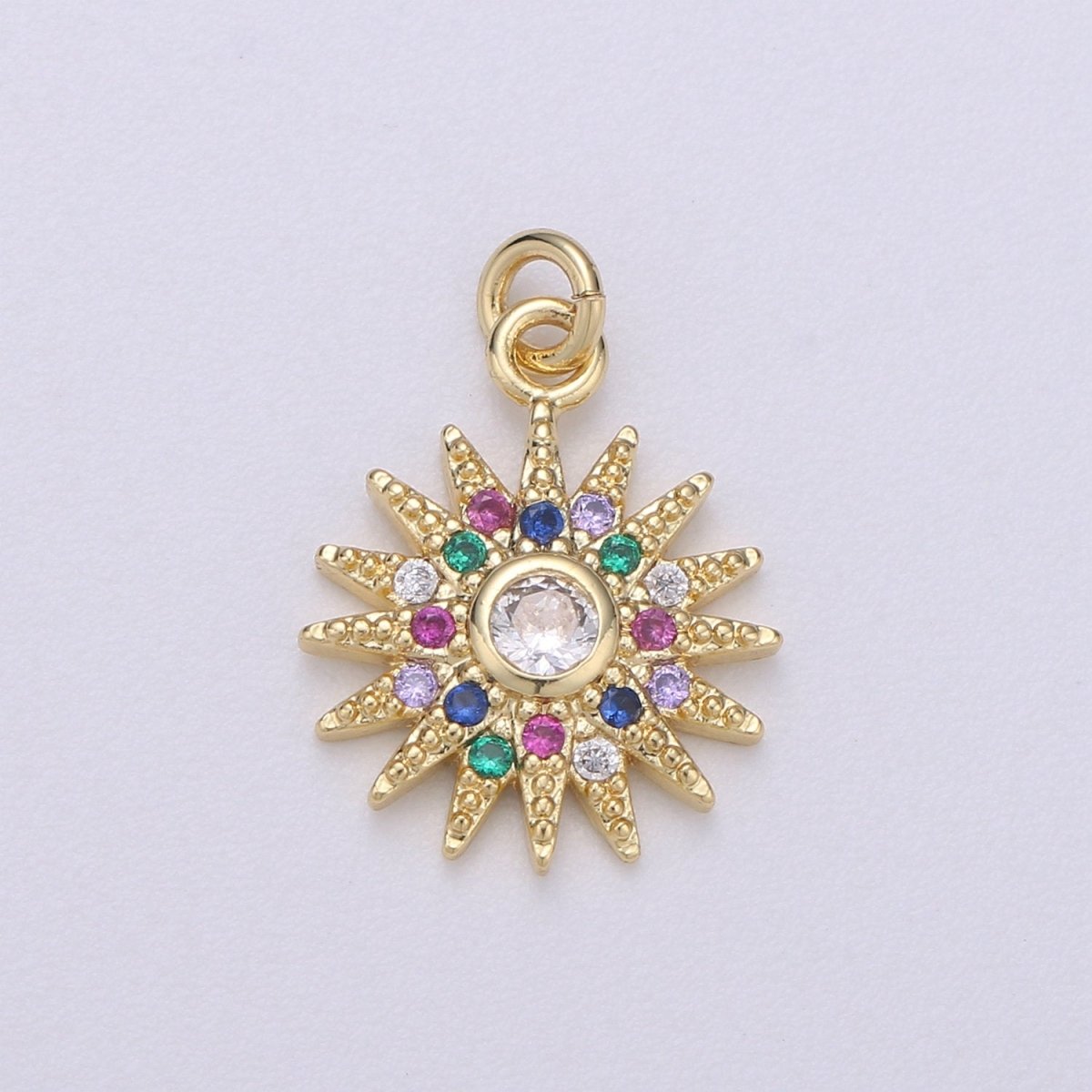 14k Gold plated Sun Charm Micro Pave Sun Burst Charm, Rainbow Cubic Charms, CZ Gold Celestial Charm, Dainty Minimalist Jewelry SupplyC-471 - DLUXCA