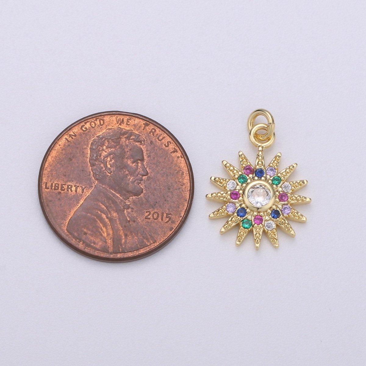 14k Gold plated Sun Charm Micro Pave Sun Burst Charm, Rainbow Cubic Charms, CZ Gold Celestial Charm, Dainty Minimalist Jewelry SupplyC-471 - DLUXCA