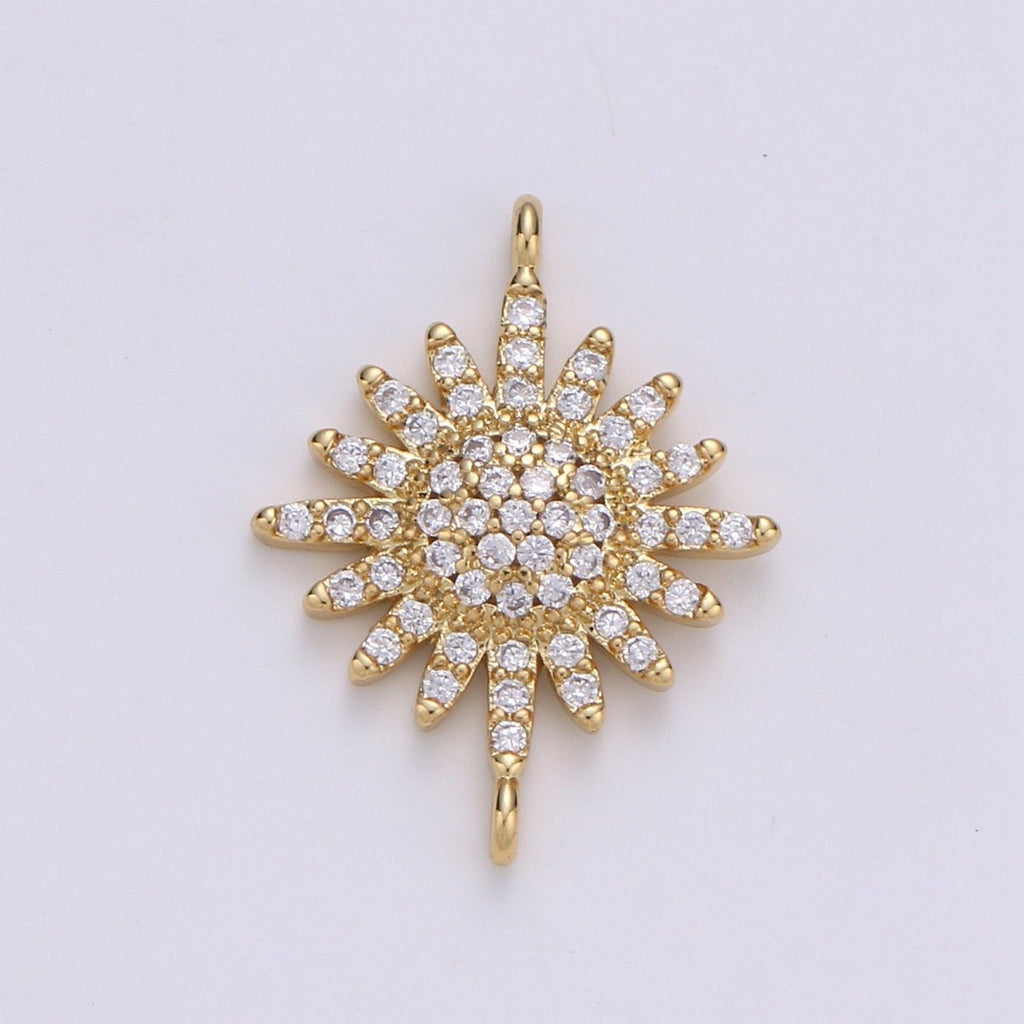 14K Gold plated Sun CZ paved Connectors, Celestial Jewelry Sunshine, Sunburst F-504 - DLUXCA
