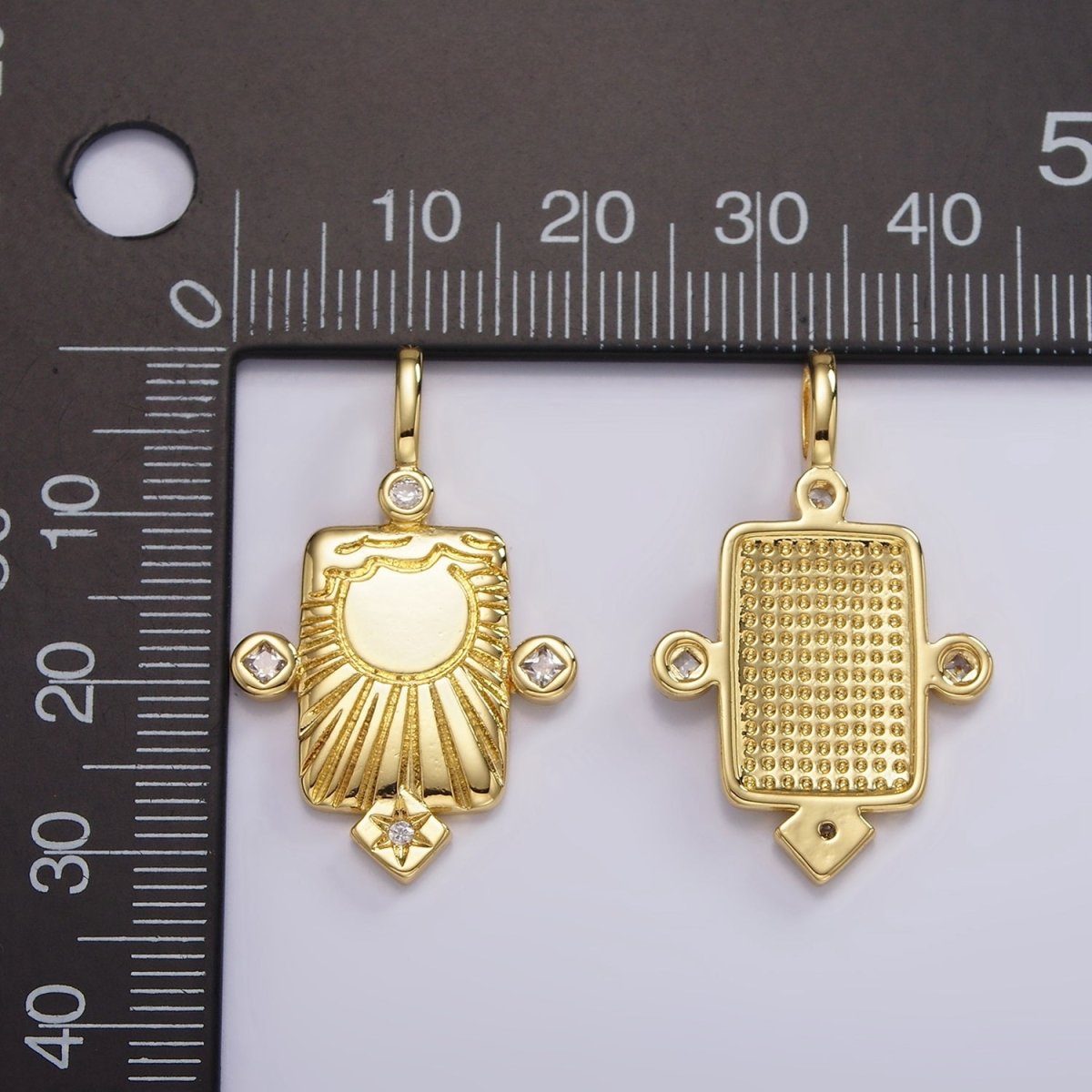 14K Gold plated Sun Ray Celestial Star CZ Dotted Rectangular Pendant | AH089 - DLUXCA