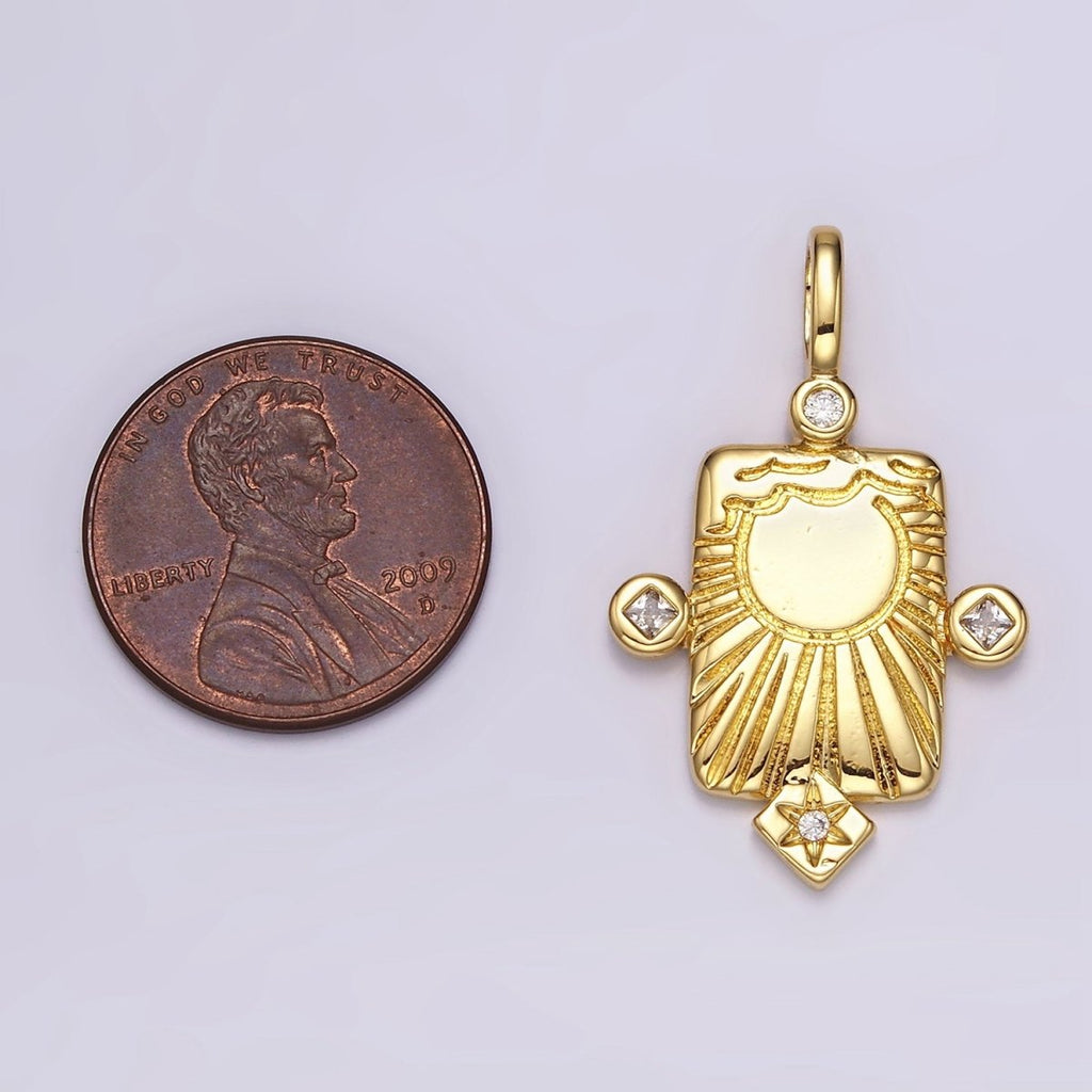 14K Gold plated Sun Ray Celestial Star CZ Dotted Rectangular Pendant | AH089 - DLUXCA
