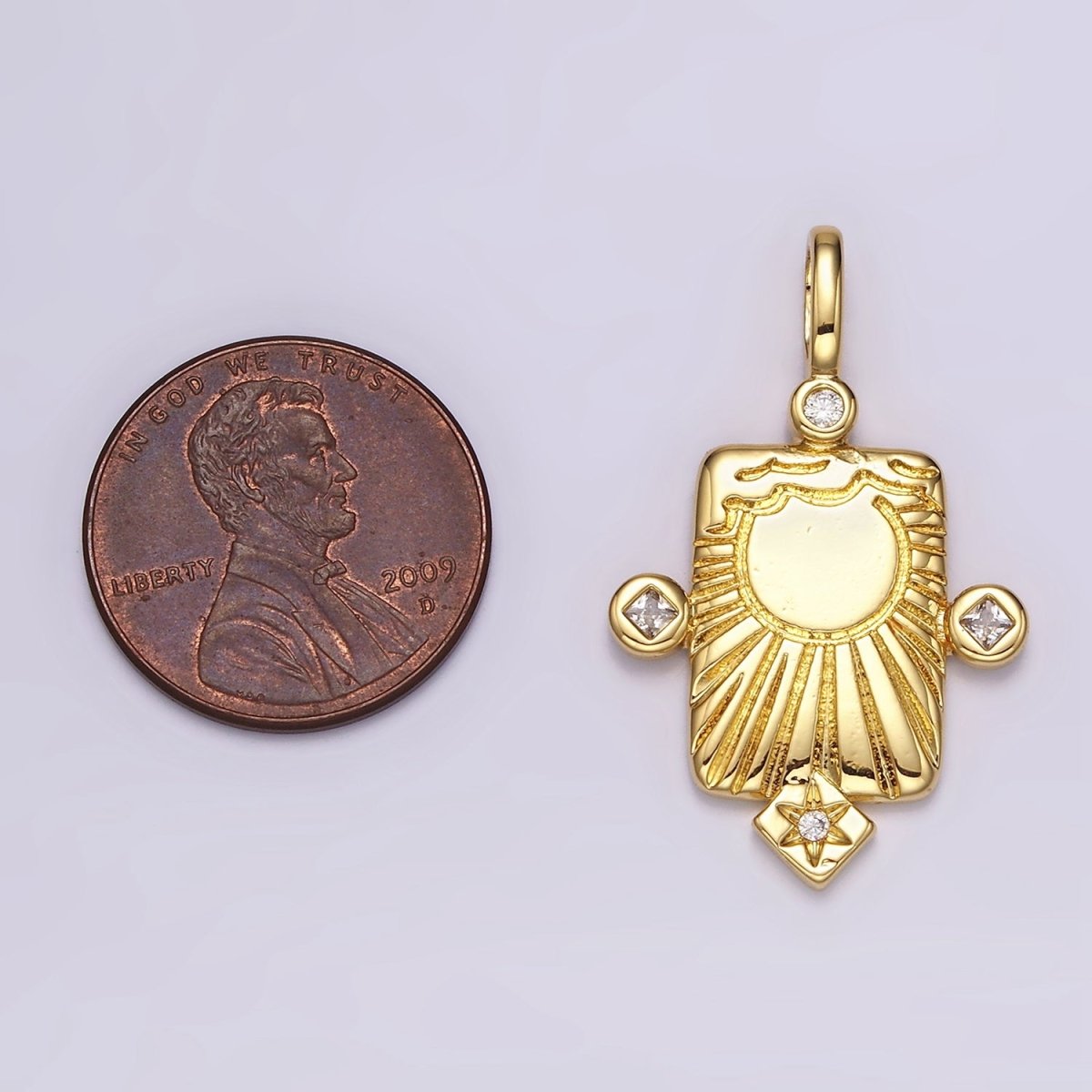 14K Gold plated Sun Ray Celestial Star CZ Dotted Rectangular Pendant | AH089 - DLUXCA