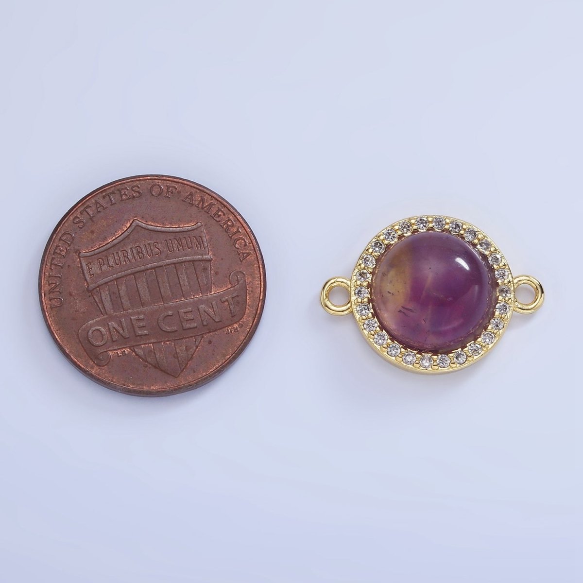 14K Gold plated Sunstone, Amethyst Micro Paved CZ Round Connector | G312