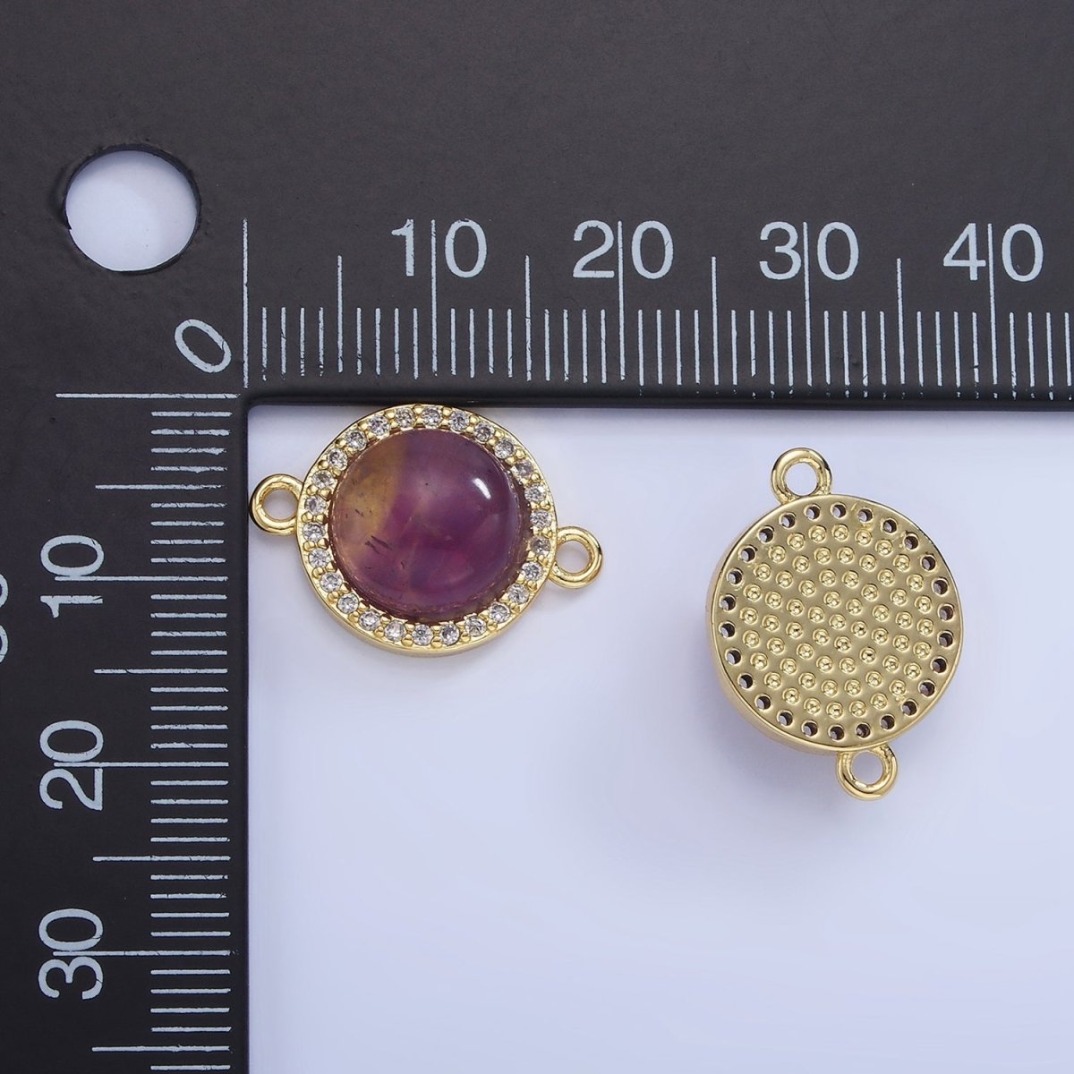 14K Gold plated Sunstone, Amethyst Micro Paved CZ Round Connector | G312