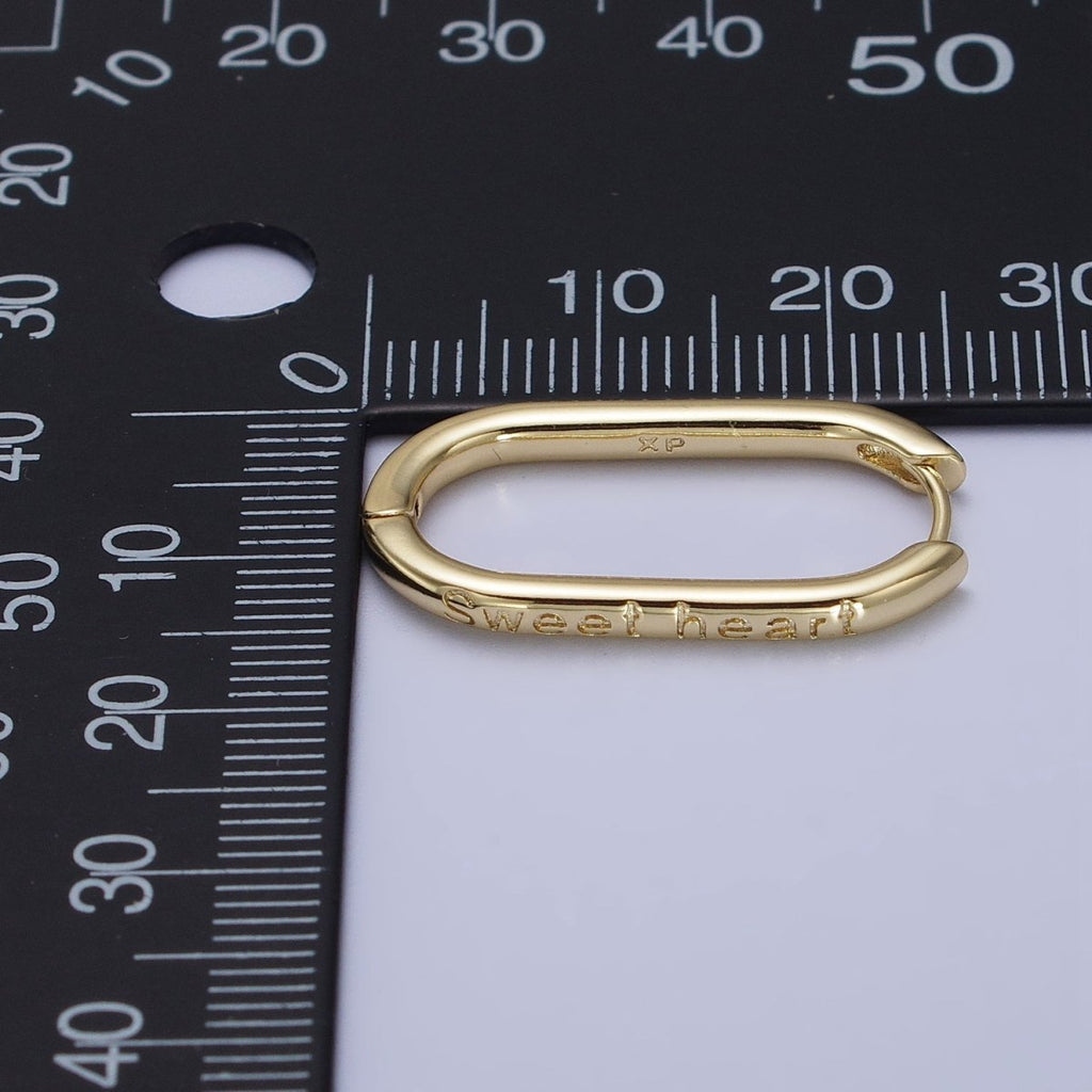 14K Gold plated "Sweet heart" Engraved Oblong U-Shaped Hoop Earrings | AB434 - DLUXCA