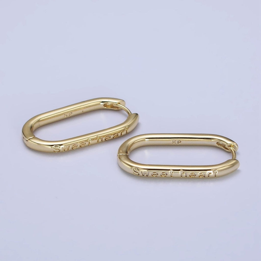 14K Gold plated "Sweet heart" Engraved Oblong U-Shaped Hoop Earrings | AB434 - DLUXCA