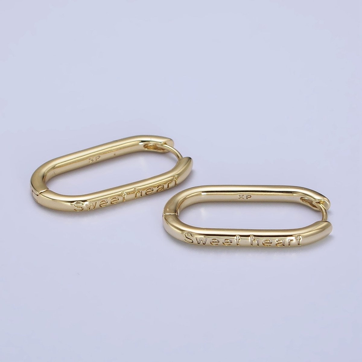 14K Gold plated "Sweet heart" Engraved Oblong U-Shaped Hoop Earrings | AB434 - DLUXCA