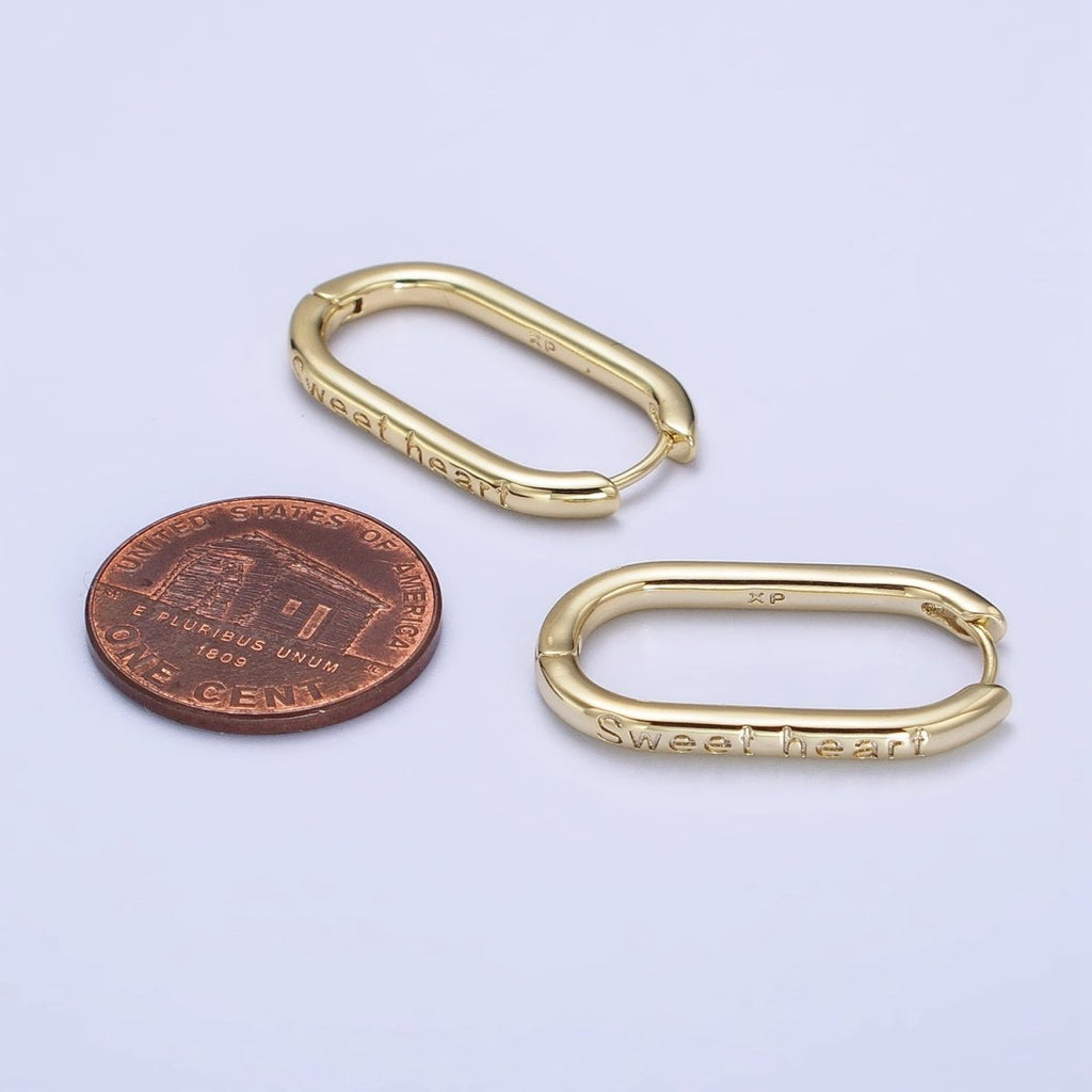 14K Gold plated "Sweet heart" Engraved Oblong U-Shaped Hoop Earrings | AB434 - DLUXCA