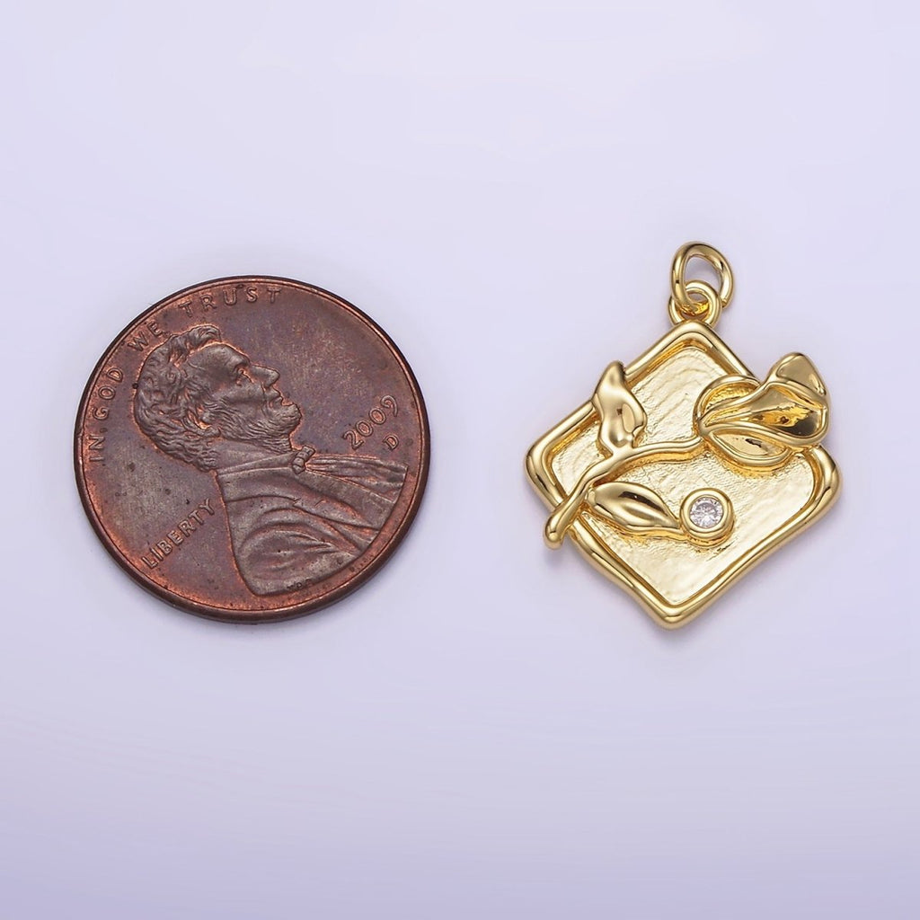 14K Gold plated Sweet Pea Birth Flower CZ Stamped Rhombus Charm | AG303 - DLUXCA