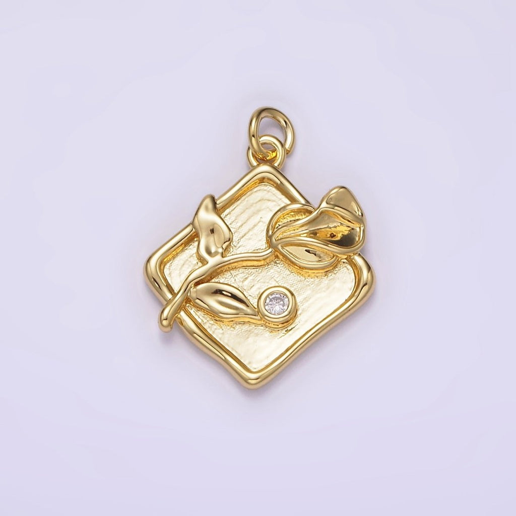 14K Gold plated Sweet Pea Birth Flower CZ Stamped Rhombus Charm | AG303 - DLUXCA