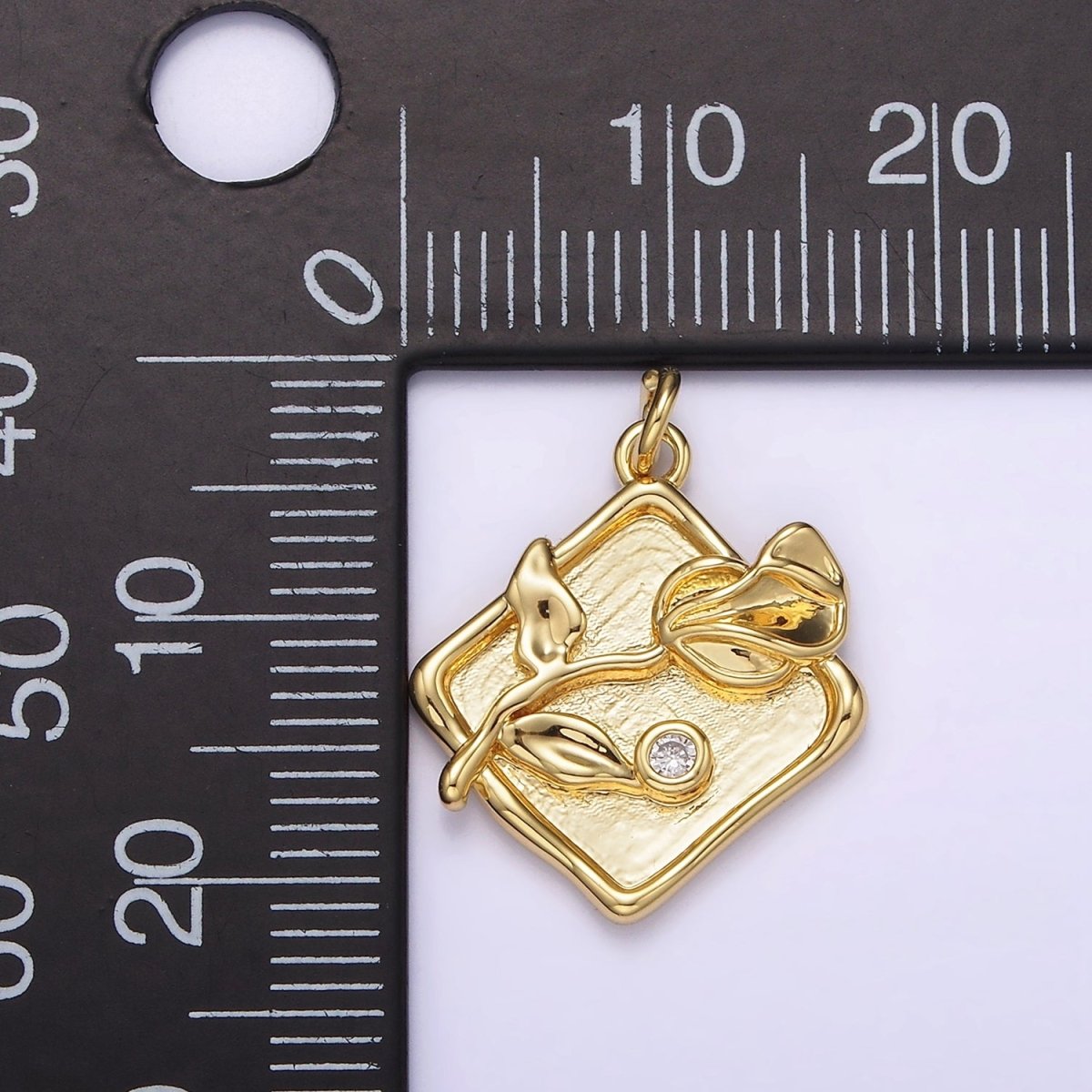 14K Gold plated Sweet Pea Birth Flower CZ Stamped Rhombus Charm | AG303 - DLUXCA