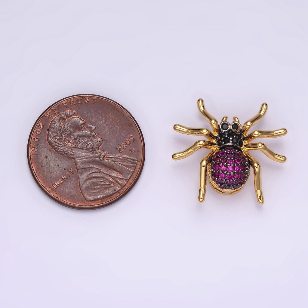 14K Gold plated Tarantula Spider Insect Animal Fuchsia Micro Paved CZ Charm in Gold & Black | N-1845 N-1846 - DLUXCA
