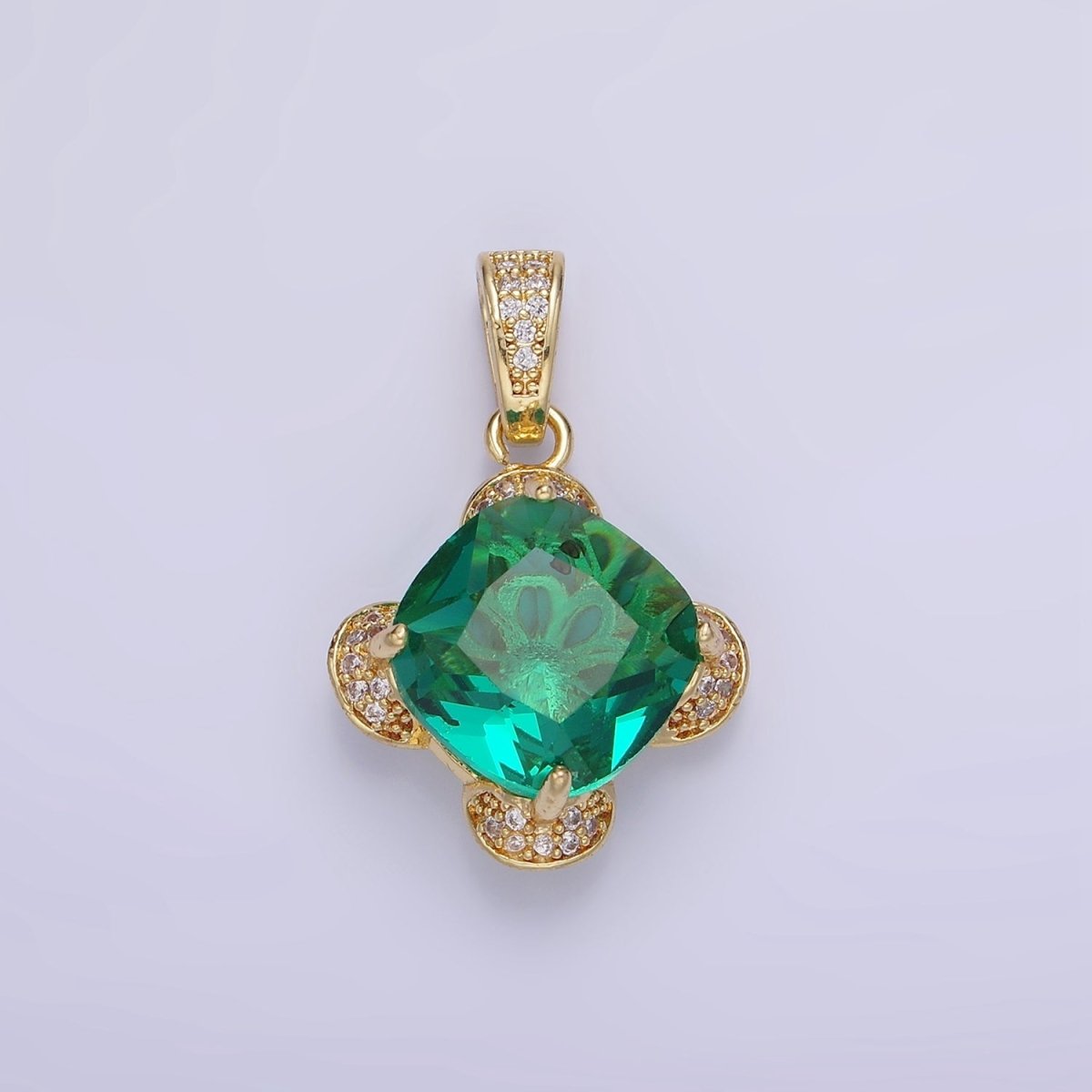 14K Gold plated Teal Rhombus CZ Micro Paved Flower Pendant in Gold & Silver | AA1158