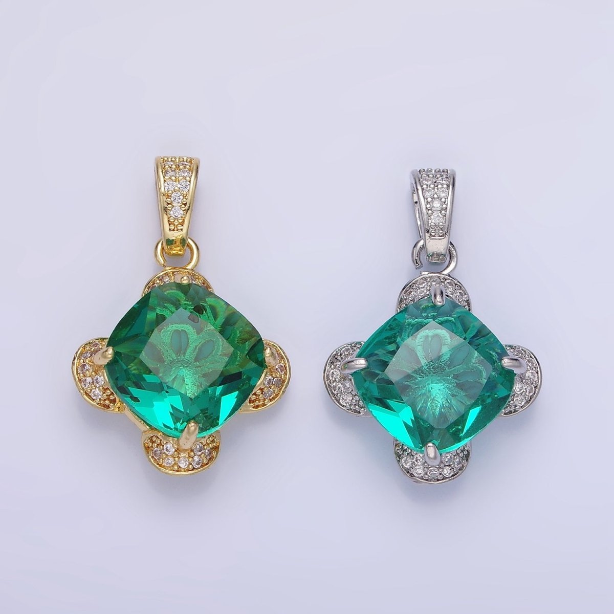 14K Gold plated Teal Rhombus CZ Micro Paved Flower Pendant in Gold & Silver | AA1158