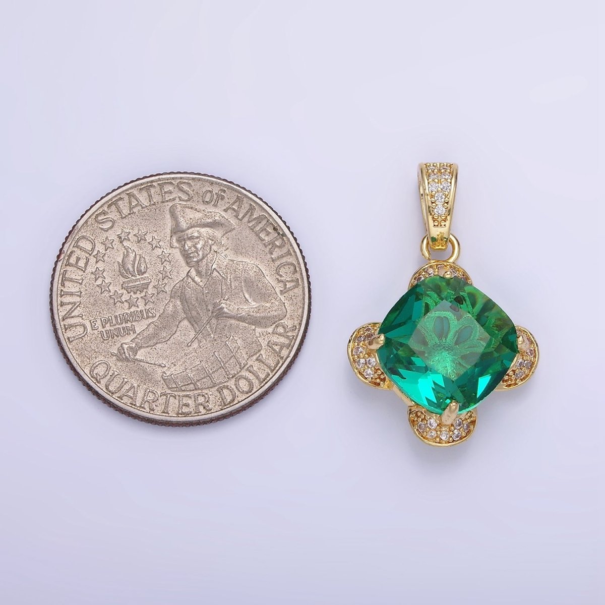 14K Gold plated Teal Rhombus CZ Micro Paved Flower Pendant in Gold & Silver | AA1158