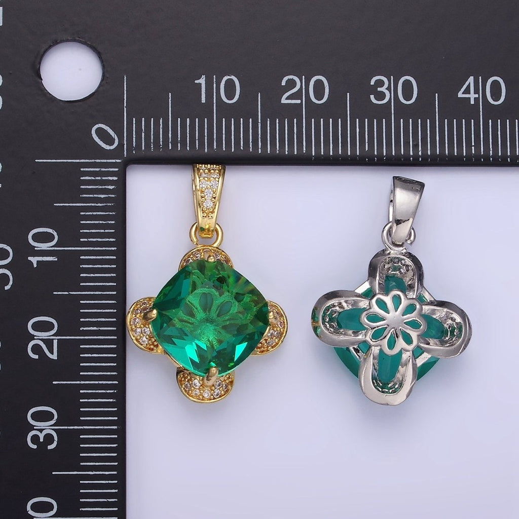 14K Gold plated Teal Rhombus CZ Micro Paved Flower Pendant in Gold & Silver | AA1158