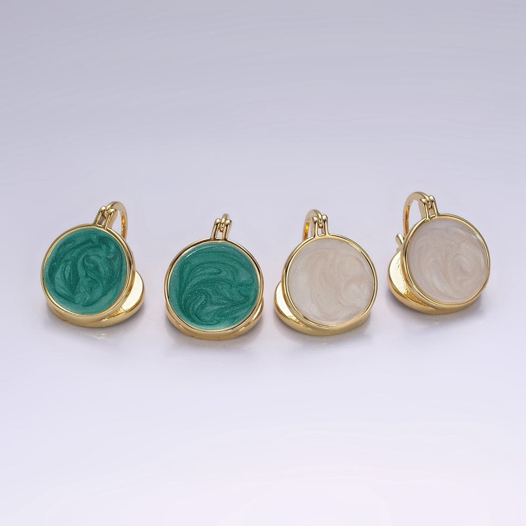 14K Gold plated Teal, White Enamel Round Triangle Latch Hoop Earrings | AE996 AE997