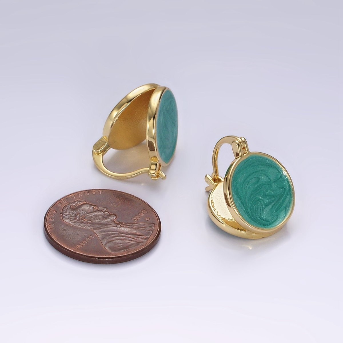 14K Gold plated Teal, White Enamel Round Triangle Latch Hoop Earrings | AE996 AE997