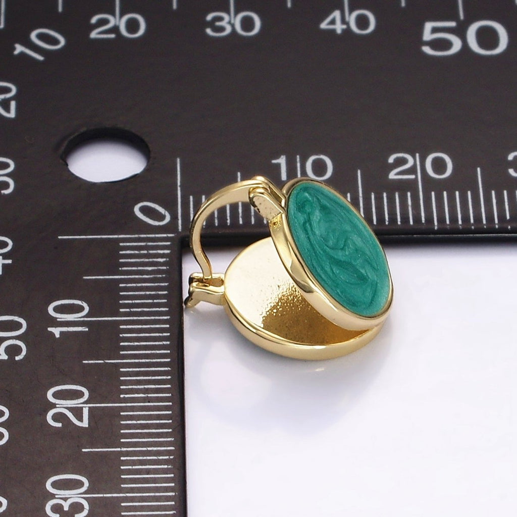 14K Gold plated Teal, White Enamel Round Triangle Latch Hoop Earrings | AE996 AE997