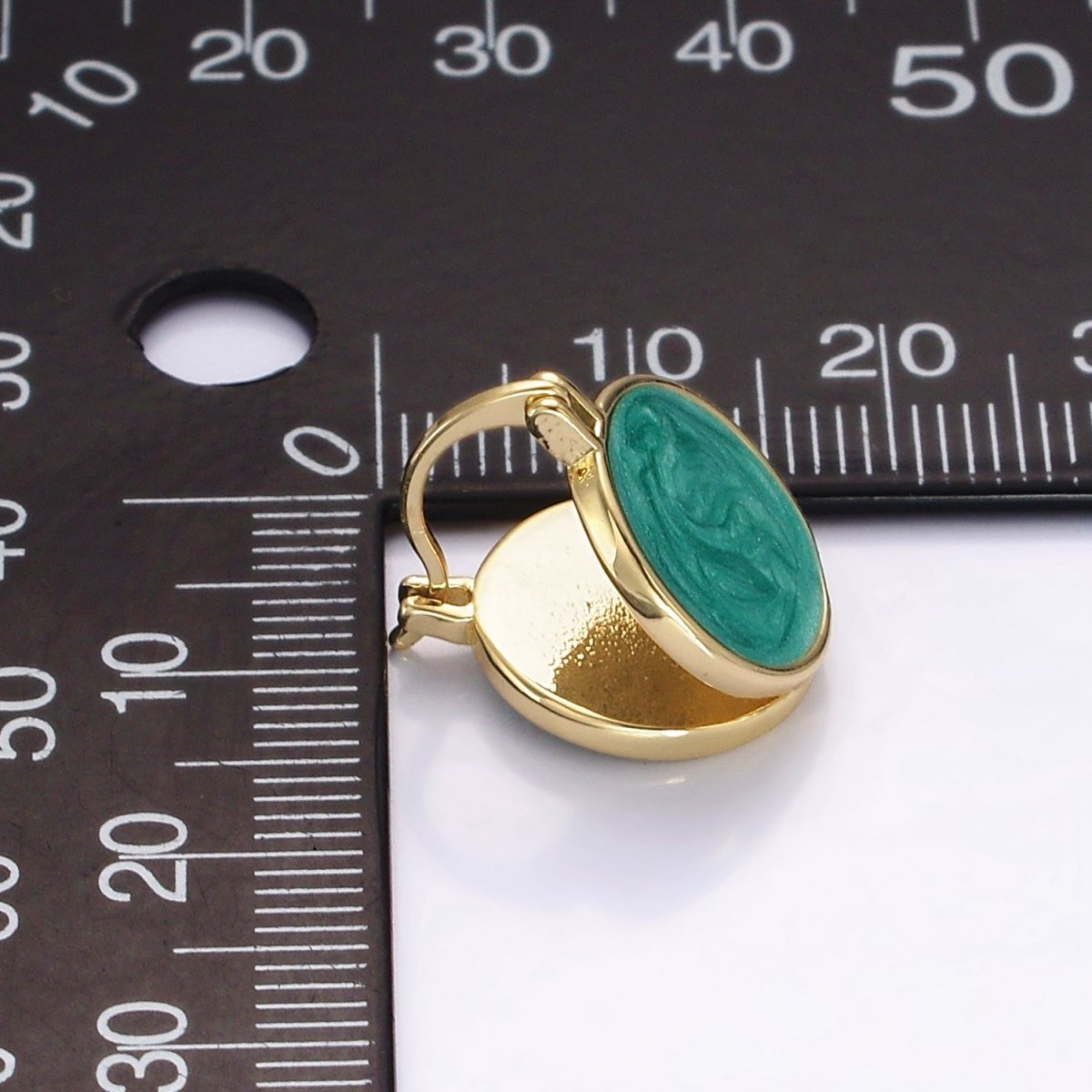 14K Gold plated Teal, White Enamel Round Triangle Latch Hoop Earrings | AE996 AE997