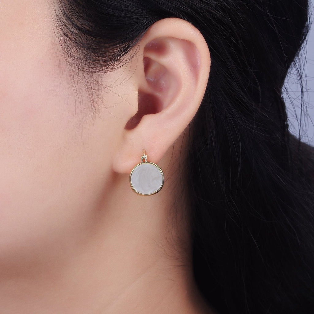 14K Gold plated Teal, White Enamel Round Triangle Latch Hoop Earrings | AE996 AE997