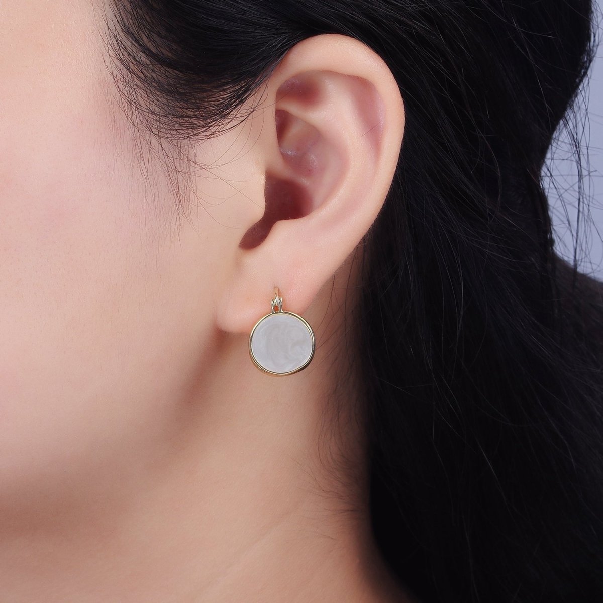 14K Gold plated Teal, White Enamel Round Triangle Latch Hoop Earrings | AE996 AE997