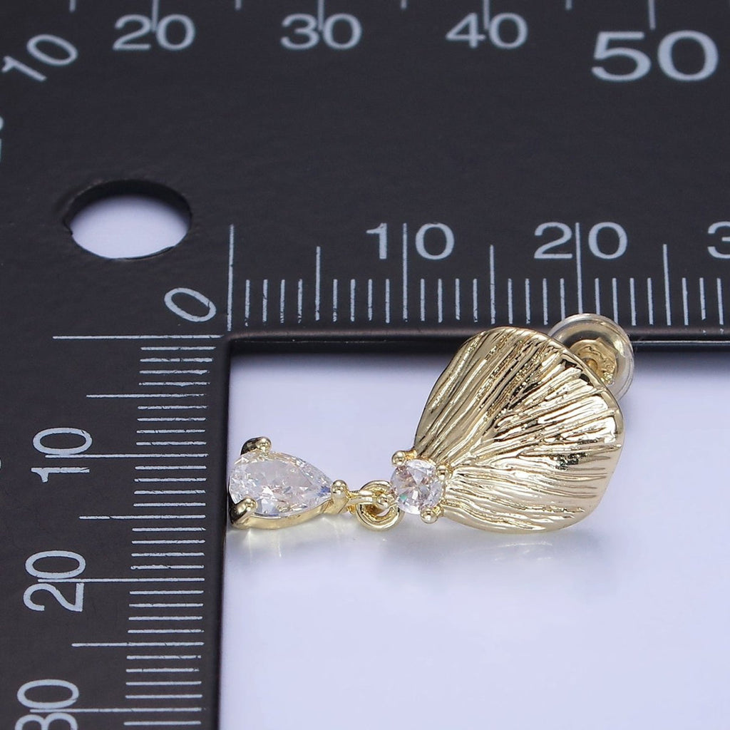 14K Gold plated Teardrop CZ Clam Shell Drop Stud Earrings | P483 - DLUXCA