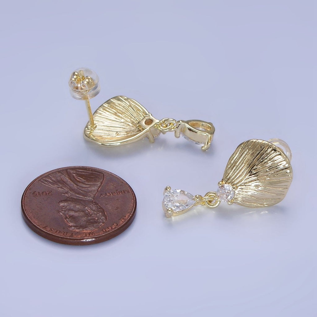 14K Gold plated Teardrop CZ Clam Shell Drop Stud Earrings | P483 - DLUXCA