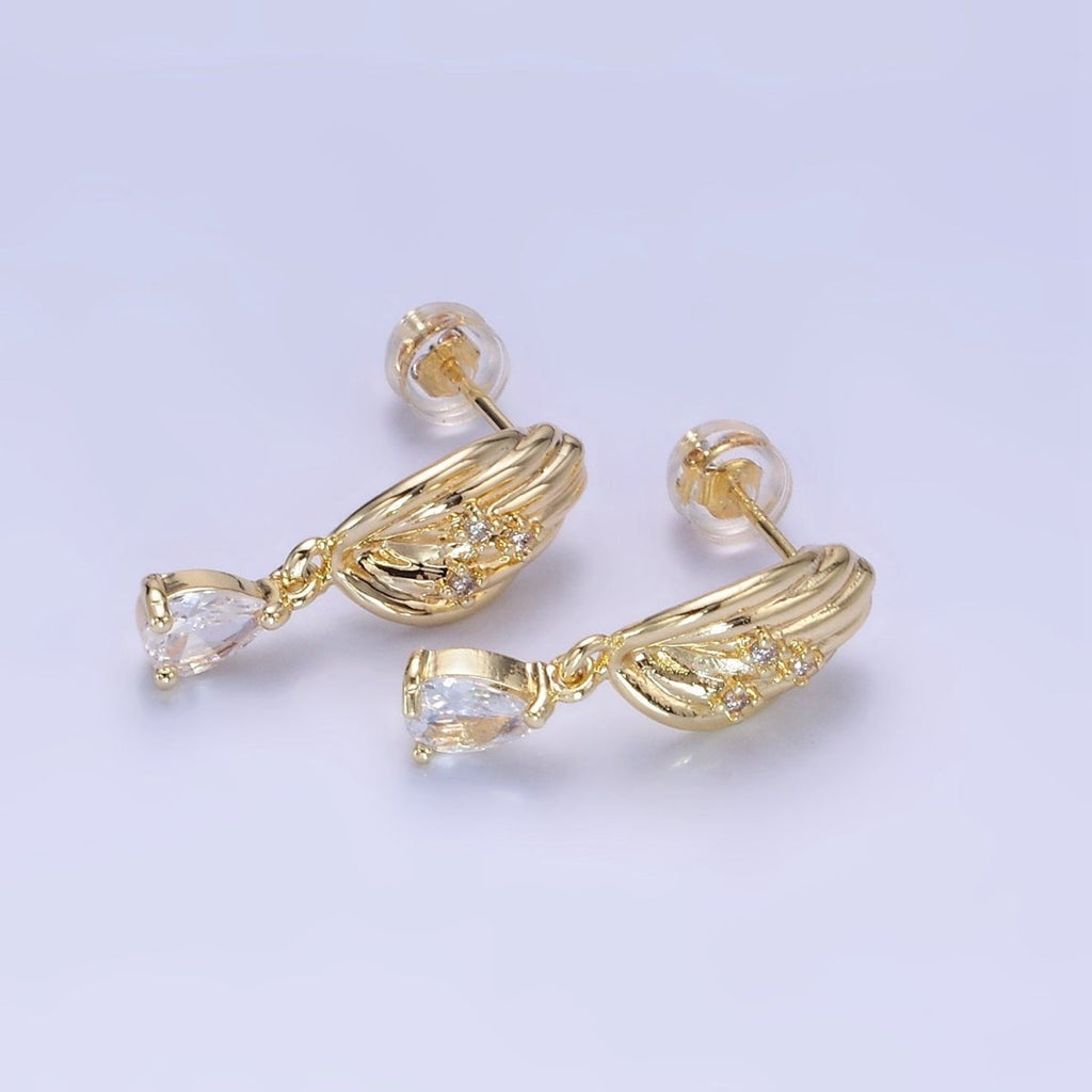14K Gold plated Teardrop CZ Drop Croissant Stud Earrings | AB1146 - DLUXCA