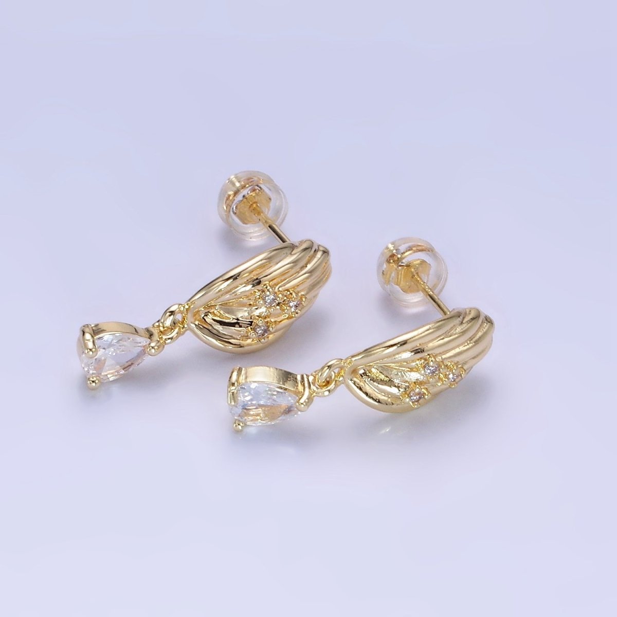 14K Gold plated Teardrop CZ Drop Croissant Stud Earrings | AB1146 - DLUXCA